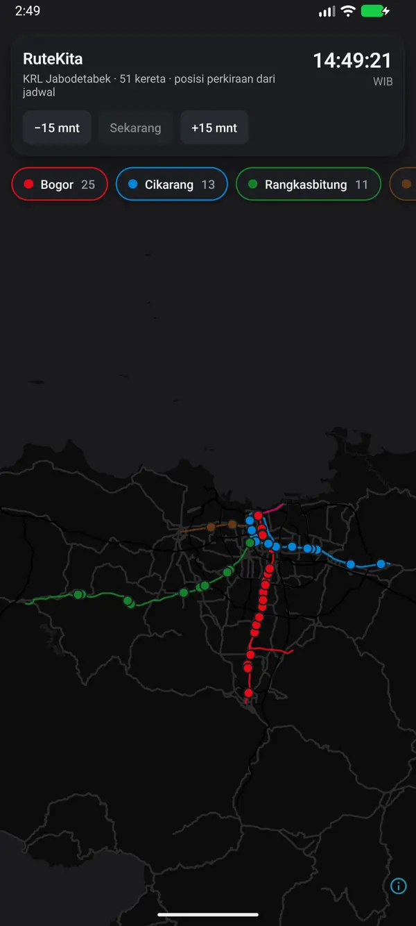 The RuteKita map in dark mode with coloured KRL lines.