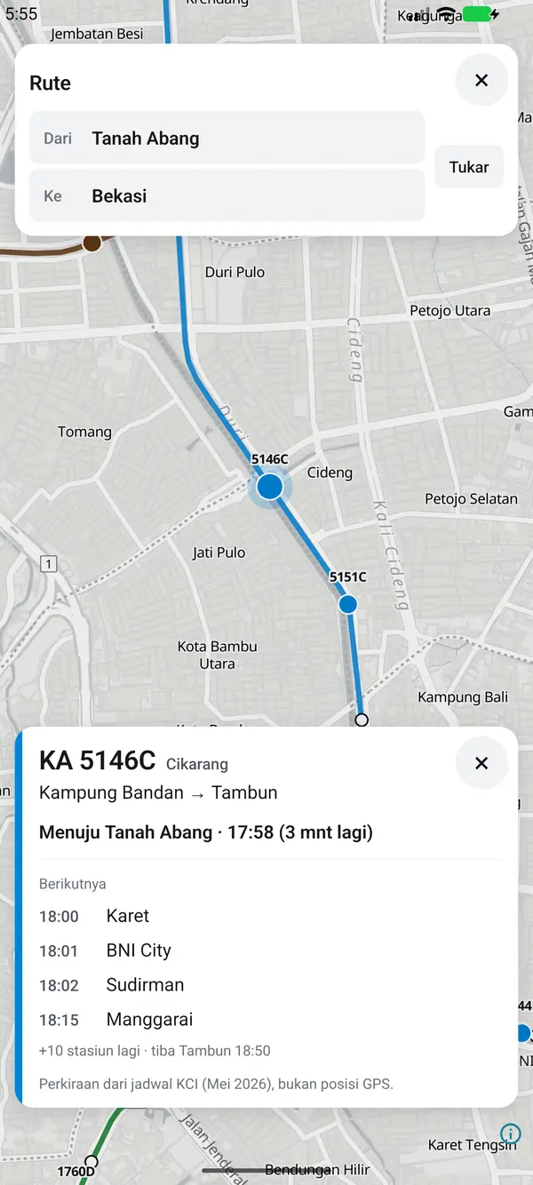 Train KA 5146C on the map heading to Tanah Abang, with the next stations and their times.
