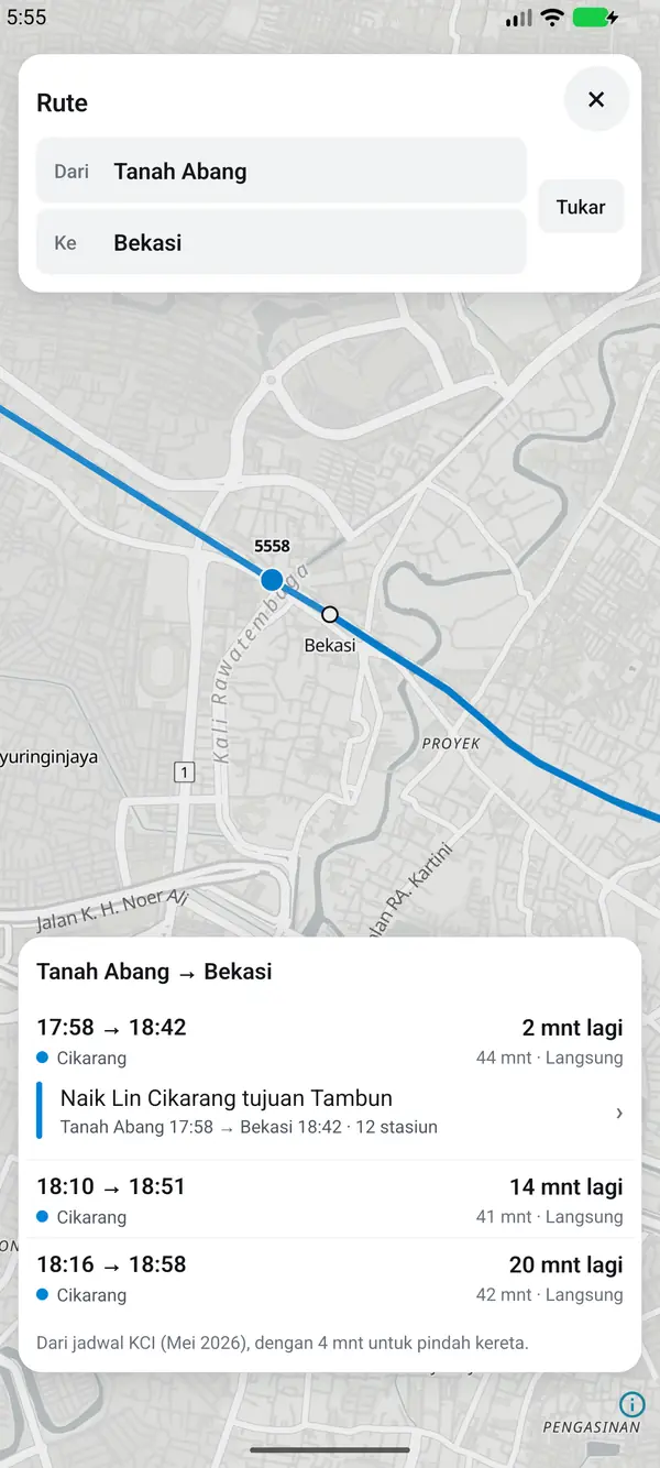 Route search from Tanah Abang to Bekasi: a list of journeys with departure time, arrival time, and duration.