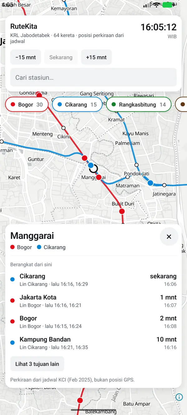 Manggarai station card: the next departures towards Cikarang, Jakarta Kota, Bogor, and Kampung Bandan.